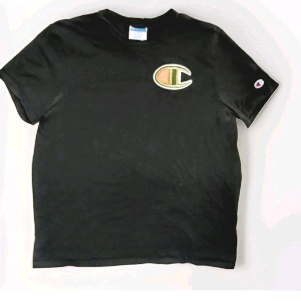 Vintage 90's Champion Black Tee Large "Big C" Logo Chest Arm Patch Blokecore Y2K